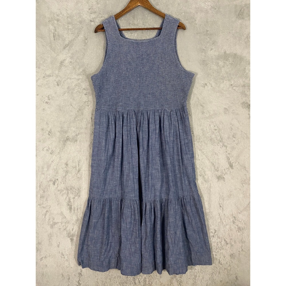 Lane Bryant Dress Sz 18/20 Blue Chambray Smocked Tiered Midi Cotton Pockets